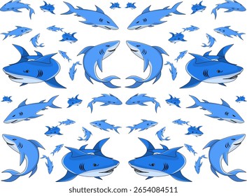 Seamless Cartoon Sharks Pattern Featuring Various Fun Blue Shark Illustrations