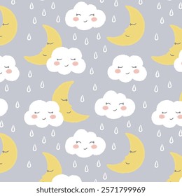 Seamless cartoon sky pattern with clouds rain drops. Cute doodle decorative scandinavian print for textile fabric apparel kid nursery design
