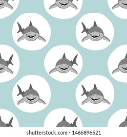 Seamless cartoon smiling shark pattern for kids. Polka dot print.