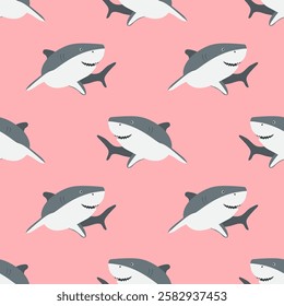 Seamless cartoon smiling shark pattern. Vector marine animal background