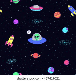 Seamless cartoon space pattern with aliens, rockets, planets, stars over the night sky background