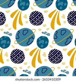 Seamless cartoon space pattern with colorful abstract planets, stars, and comets in a fun and playful style, perfect for children’s designs, wallpapers, fabric, and creative educational materials
