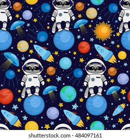 Seamless cartoon space pattern - raccoon astronaut, spaceship, planets, satellites