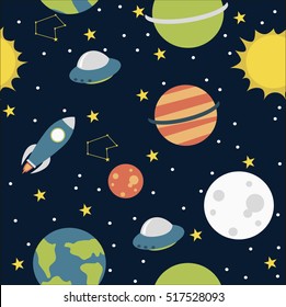 Seamless cartoon space pattern with rockets, planets, stars.  Vector illustration