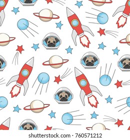 Seamless cartoon space pattern with rockets, stars and cute dogs astronauts. Vector background for kids.