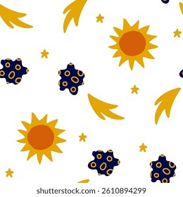 Seamless cartoon space pattern with yellow suns, abstract asteroids, shooting stars, and tiny space elements on a white background, perfect for kids textiles, wallpapers, and creative prints