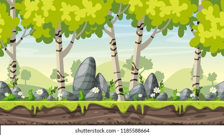 Seamless cartoon spring landscpae. Vector illustration with separate layers.