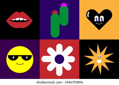 Seamless cartoon style vector pattern with funny characters. Modern illustration wallpaper with smiles, lips, sun, heart and cactus flower.