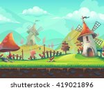 Seamless cartoon stylized vector illustration on the theme of the European landscape with a windmill. For print, create videos or web graphic design, user interface, card, poster.