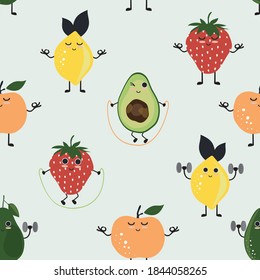 Seamless cartoon summer fruits gym fitness  print - All over fabric vector fruit pattern for kids girl apparel
