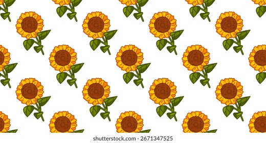 Padrão de flor de girassol sem costura. Girassóis de desenho animado brilhante com folhas verdes em estilo plano. Padrão floral contínuo sobre fundo branco.