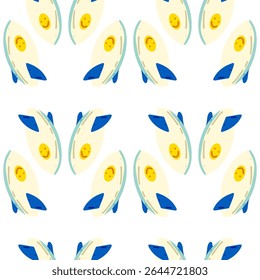 Seamless Cartoon Surfboard Pattern — Playful surfboards with smiling sun design in seamless repeat. Flat cartoon-style summer pattern with yellow and blue accents on white background.