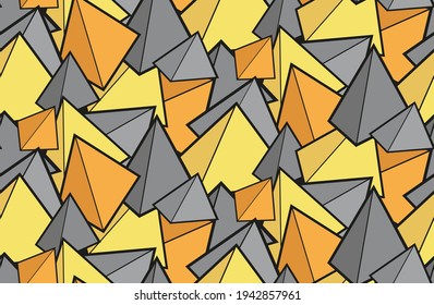 Textura de caricatura sin inconvenientes con pirámides 3d en colores de moda. Pizarras de contorno multicolores. Niños de tela brillante. Papel de escritorio con formas geométricas.