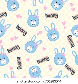 Seamless Cartoon Texture with bunny and heart (can be used as textile printing). Vector illustration. Cartoon animal head icon. Funny character. 