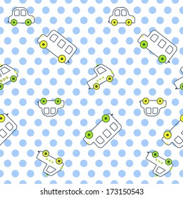 Seamless cartoon texture with dots and toy cars