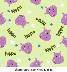 Seamless Cartoon Texture with hippo and stars (can be used as textile printing). Vector illustration. Cartoon animal head icon. Funny character