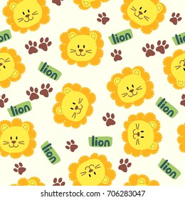 Seamless Cartoon Texture with lion and Animal's Steps (can be used as textile printing). Vector illustration. Cartoon animal head icon. Funny character. 