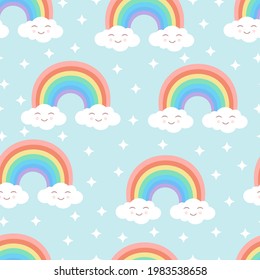 Seamless cartoon texture with rainbow, cute clouds and stars on a blue background. Vector illustration for fabrics, textures, wallpapers, posters, stickers, postcards. Editable elements.