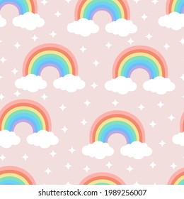 Seamless cartoon texture with rainbow, cute clouds and stars on a pink background. Vector illustration for fabrics, textures, wallpapers, posters, stickers. Childish fun print. Editable elements.