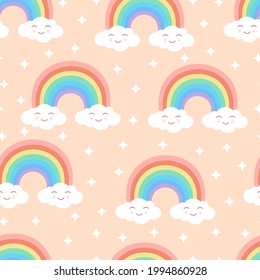 Textura de caricatura sin foco con arco iris, nubes lindas y estrellas en un fondo beige. Ilustración vectorial para telas, texturas, papel tapiz, carteles, pegatinas. Huella infantil. Elementos editables.