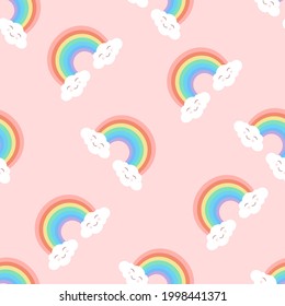 Textura de caricatura sin foco con arco iris y nubes lindas sobre un fondo rosado. Ilustración vectorial para telas, texturas, papel tapiz, carteles, pegatinas, postales. Huella infantil. Elementos editables.