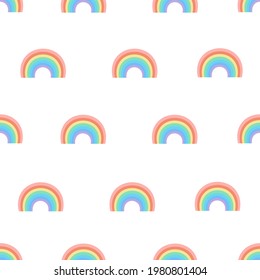 Seamless cartoon texture with rainbow on a white background. Vector illustration for fabrics, textures, wallpapers, posters, postcards. Childish fun print. Editable elements.