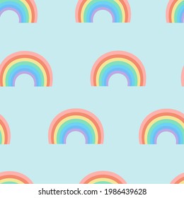 Seamless cartoon texture with rainbow on a blue background. Vector illustration for fabrics, textures, wallpapers, posters, postcards. Childish fun print. Editable elements.