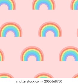 Seamless cartoon texture with rainbow on a pink background. Vector illustration for fabrics, textures, wallpapers, posters, postcards. Childish fun print. Editable elements.