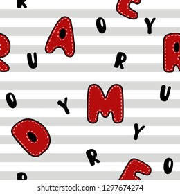 Seamless cartoon texture. Red and black letters on a striped gray-white background with black dots. Vector pattern