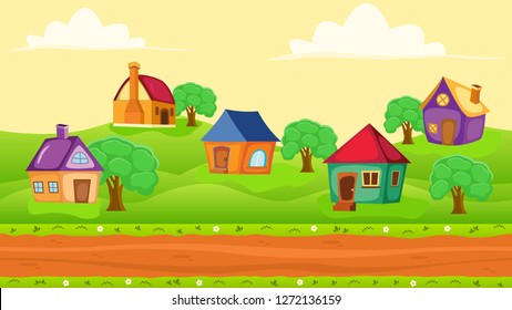 seamless cartoon themed game background with houses, trees and platform for kids game
