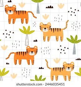 Seamless cartoon tiger pattern.  Cartoon funny tiger animal in jungle Vector illustration for kids. Vector illustration in flat style for fabric wrapping paper textile poster.
