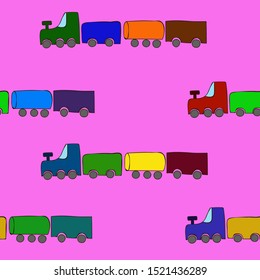 Seamless cartoon trains pattern on a pink background.  Happy baby pattern.