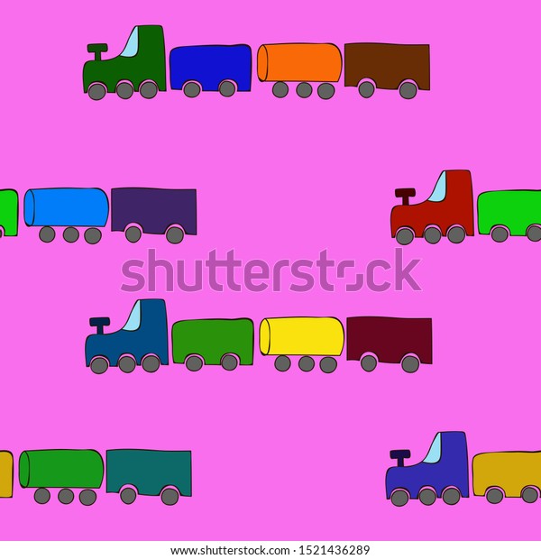 Seamless cartoon trains pattern on a pink\
background.  Happy baby\
pattern.