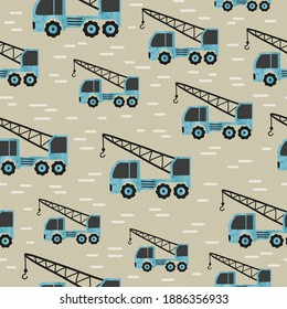 Seamless cartoon transport pattern with blue trucks.