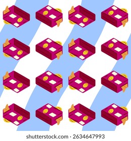 Seamless Cartoon Travel Suitcase Pattern — playful flat-style pattern featuring pink rolling suitcases with travel stickers, arranged on dynamic striped background in blue and white.