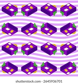 Seamless Cartoon Travel Suitcase Pattern. Isometric purple travel suitcases with stickers and tags on a wavy lilac striped background. Flat cartoon seamless repeat design.