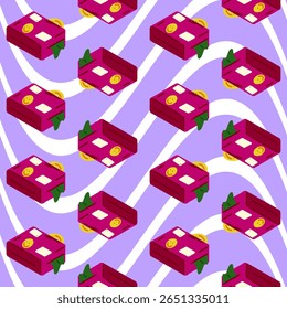 Seamless Cartoon Travel Suitcase Pattern. Bright pink suitcases with stickers and clothes peeking out, arranged on a wavy purple and white background. Seamless cartoon-style pattern with travel theme.