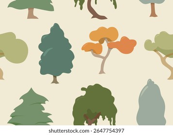 Seamless cartoon tree pattern vector. Forest repeat illustration wallpaper and fabric design 