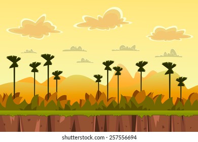 Seamless cartoon tropical landscape, trees, mountains and cloudy sky layers.