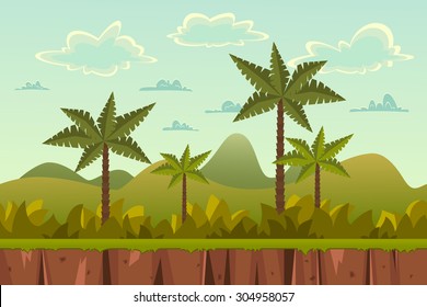 Seamless Cartoon Tropical Landscape, Unending Background For Game