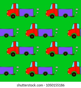 Seamless cartoon truck pattern on a green background.  Happy baby pattern.