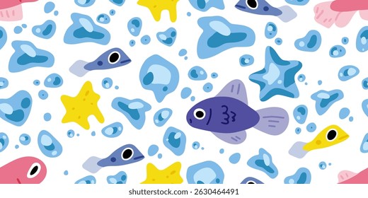 Seamless cartoon underwater fish pattern filled with playful sea creatures, bubbles, and star shapes in bright blues and yellows on a white background.