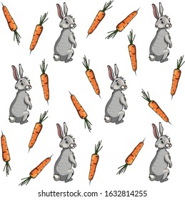 Seamless cartoon vector background of carrots with grey rabbits