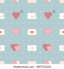 It's seamless cartoon vector background with hearts and postal envelopes. This pattern shows various stages of romantic relations. There’re rows of hearts and mails about love, engagement, abandonment