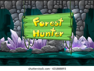 Seamless cartoon vector cave with separated layers for game and animation, game design asset
