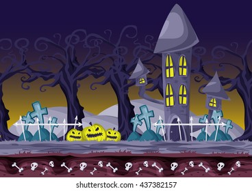 Seamless cartoon vector halloween background with separated layers for game and animation, game design asset