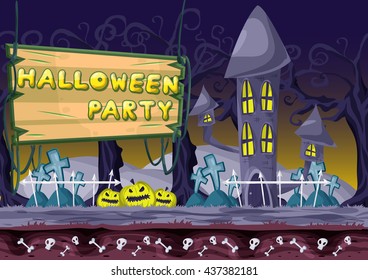 Seamless cartoon vector halloween background with separated layers for game and animation, game design asset