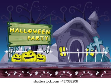 Seamless cartoon vector halloween background with separated layers for game and animation, game design asset