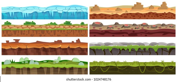 Seamless Cartoon Vector Landscape Design Set. Ground Floor Collection For Game Interface.