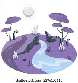 Seamless cartoon vector landscape. Vector endless background with ground, planet, trees, stars. Fantasy sci-fi background for UI Game. Illustration of a cartoon sci-fi alien planet landscape.